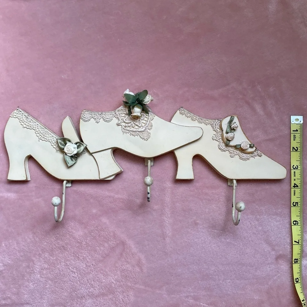 Vintage High Heels Wall Hooks Cream Color with Lace and Silk Roses Distressed